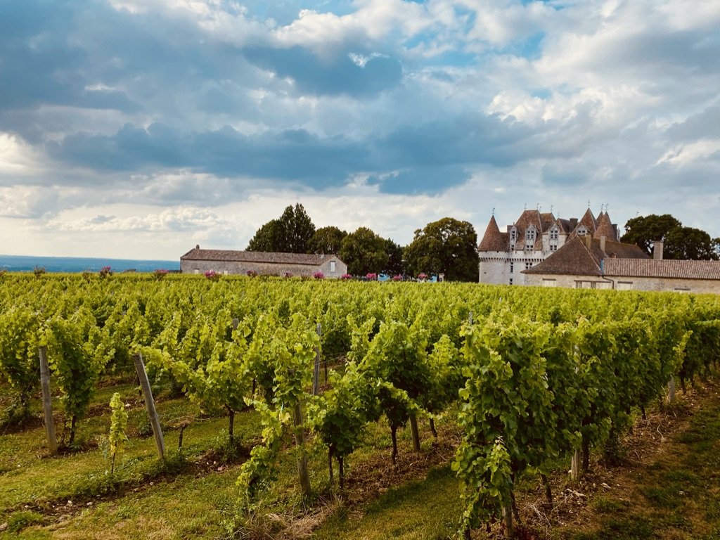 Château de Monbazillac seen from the vineyards — the four cone-roofed corner towers and dormered roofline rising above rows of healthy green vines, with dramatic Atlantic-fed clouds above and the outbuildings against the tree-line on the left