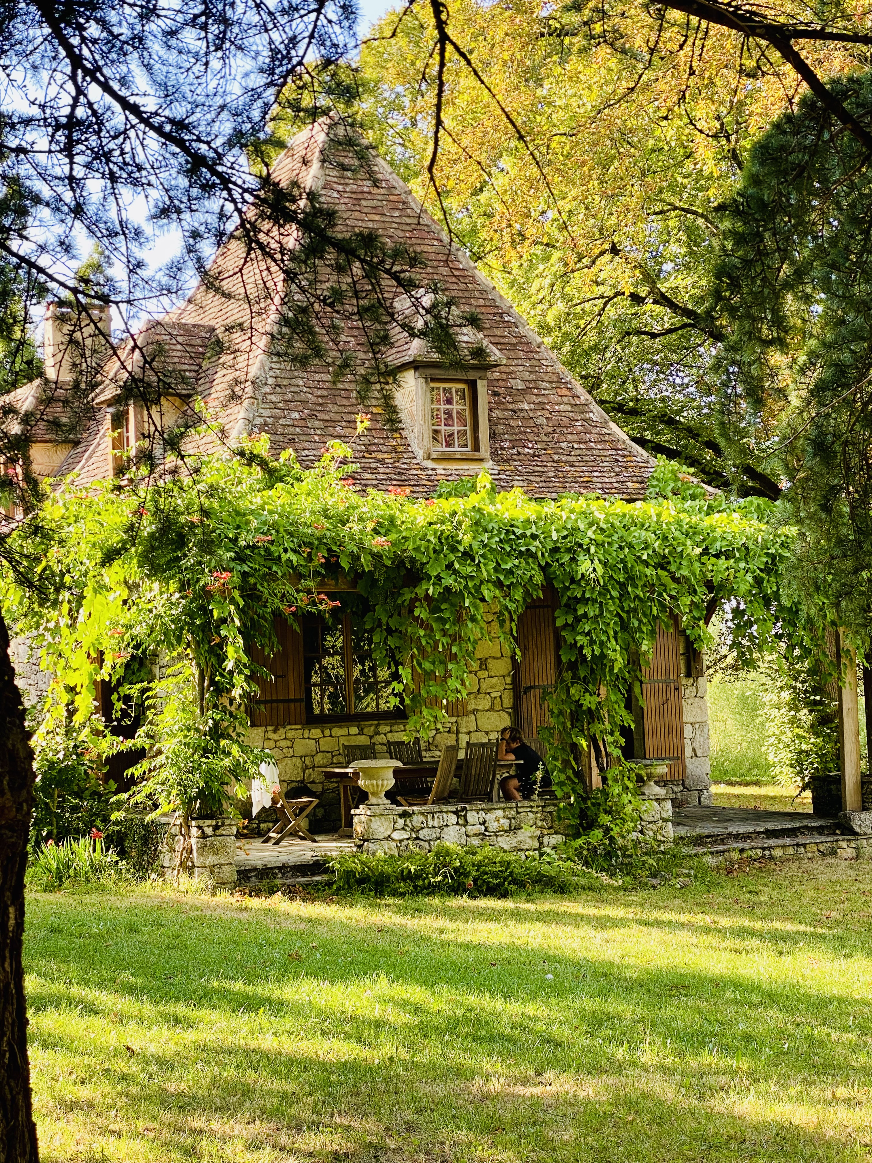 Maison des Vignes seen across the lawn, its porch covered in vine