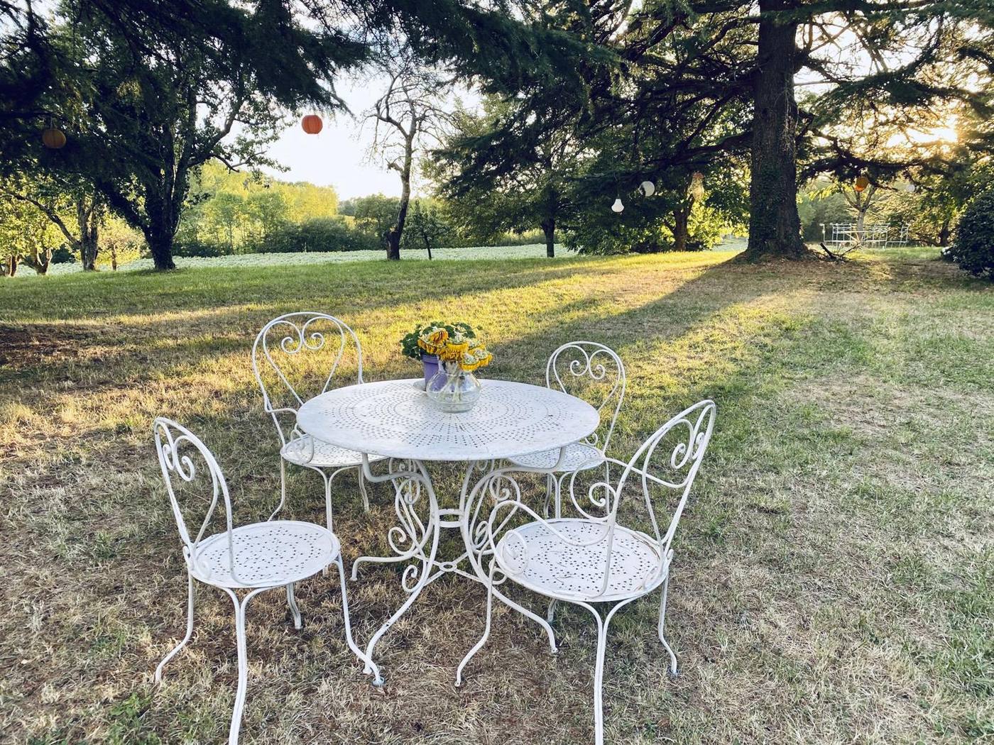 A white iron table under the cedars, lanterns in the trees